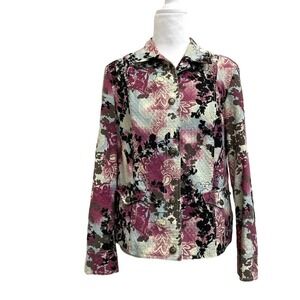 Amber Sun Blue & Purple Floral Textured Cotton Button Front Retro Jacket